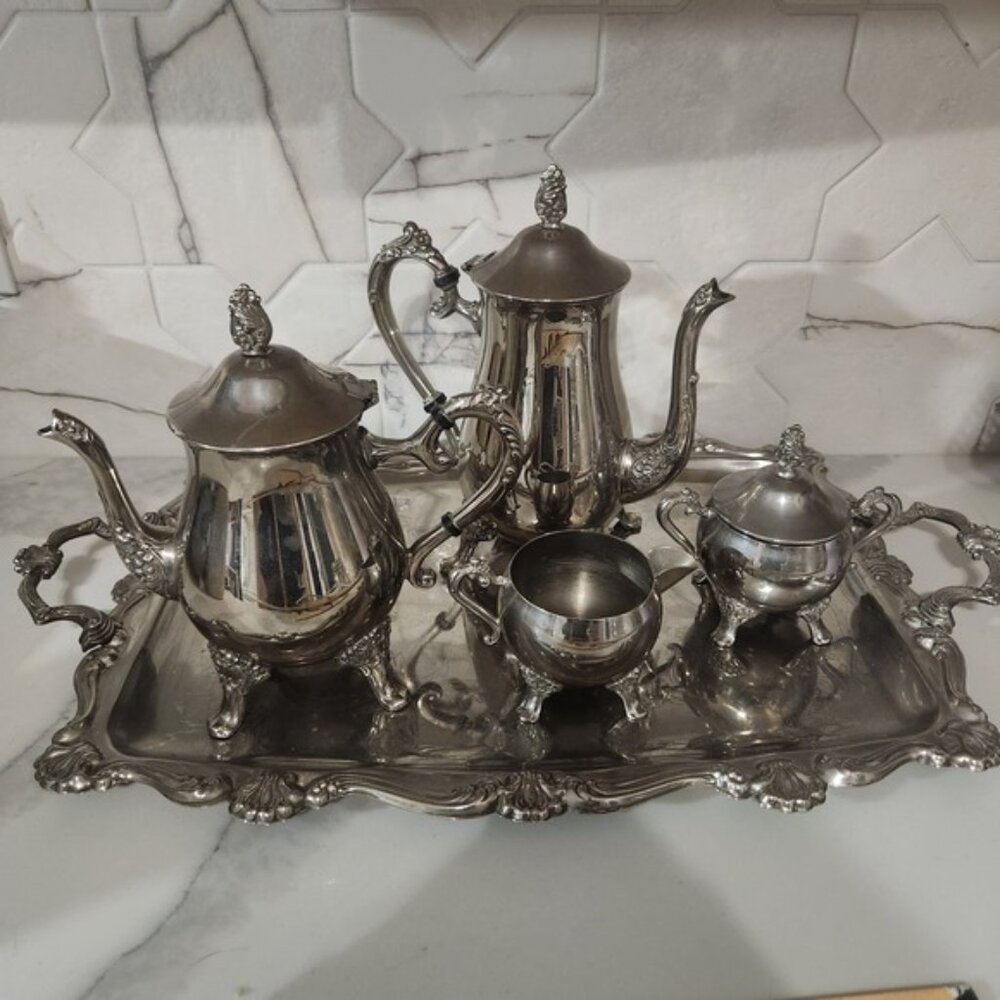 Vintage Silver Plated 5-Piece Tea Coffee Service Set with Large Serving‎ Tray